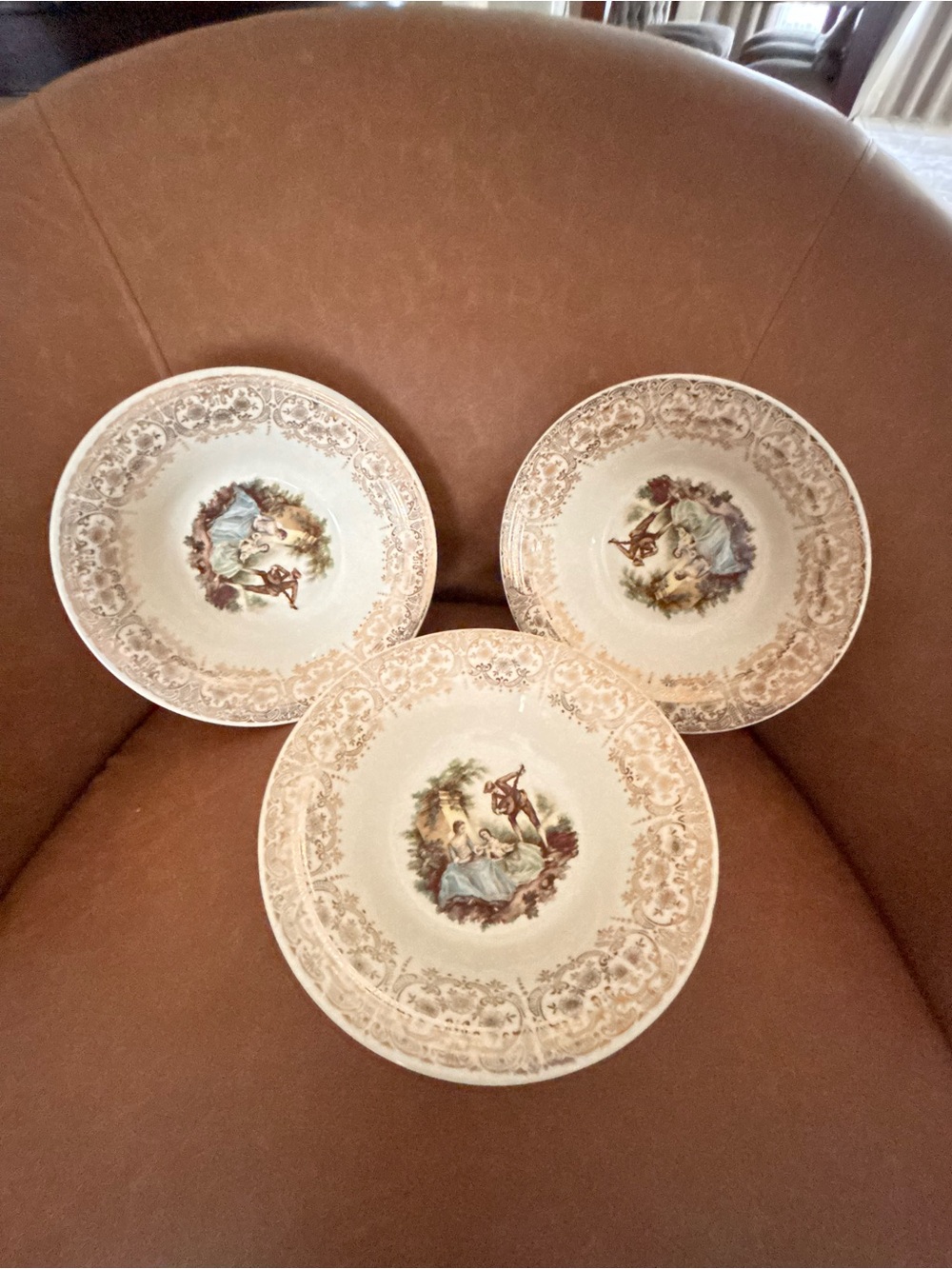 3/Triumph Cream and Brown Ornate Floral Scenic Dinner Plate 22 k gold